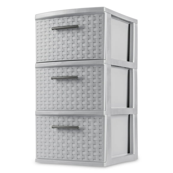Sterilite 3 Drawer Weave Tower, Plastic Décor Drawers with Pull Handles, Gray