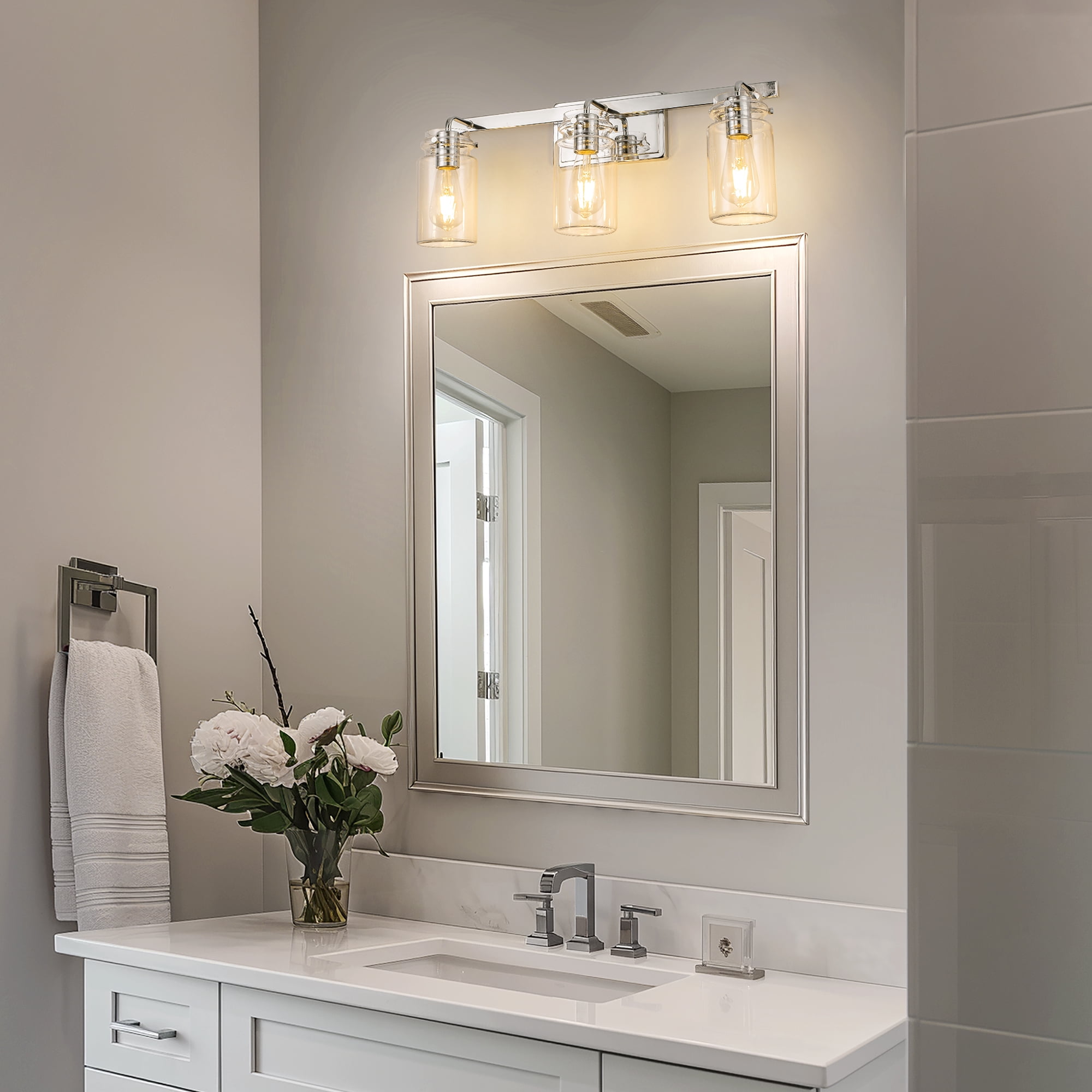 YANSUN 23.7" 3-Light Chrome Bathroom Vanity Light, E26 Base with Glass Shades for Mirror, Makeup, Dressing Room (Bulbs Not Included)