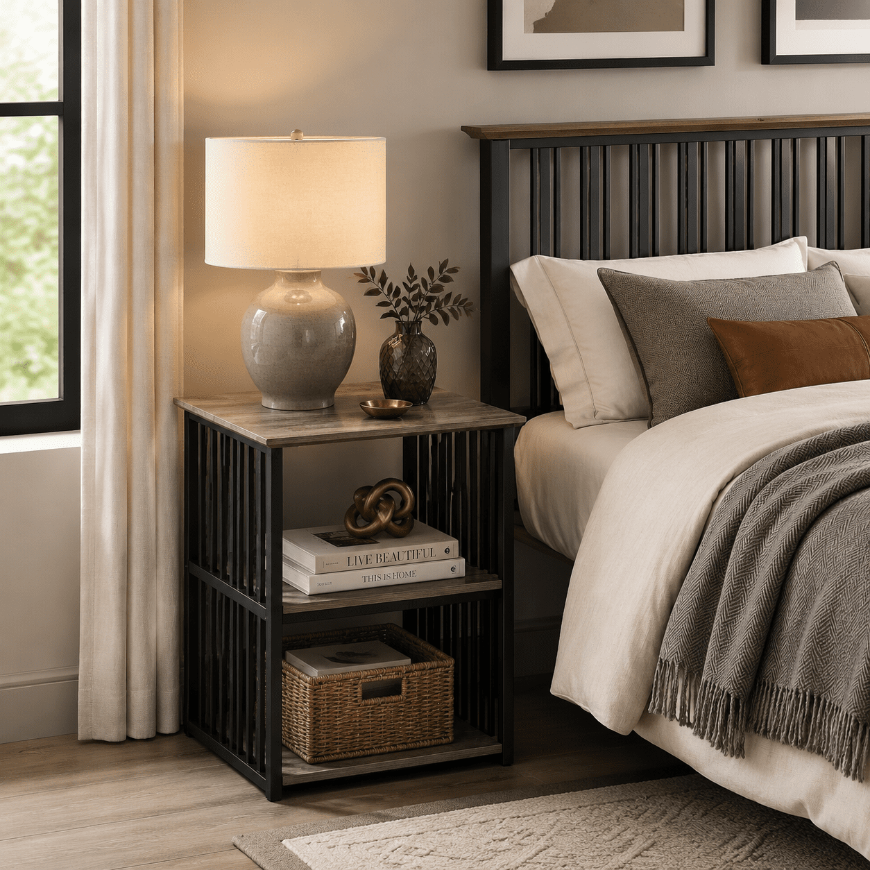 Nightstand Antique Oak & Black Composite Wood Metal Industrial Bedside Table 22"W x 22"D x 23"H