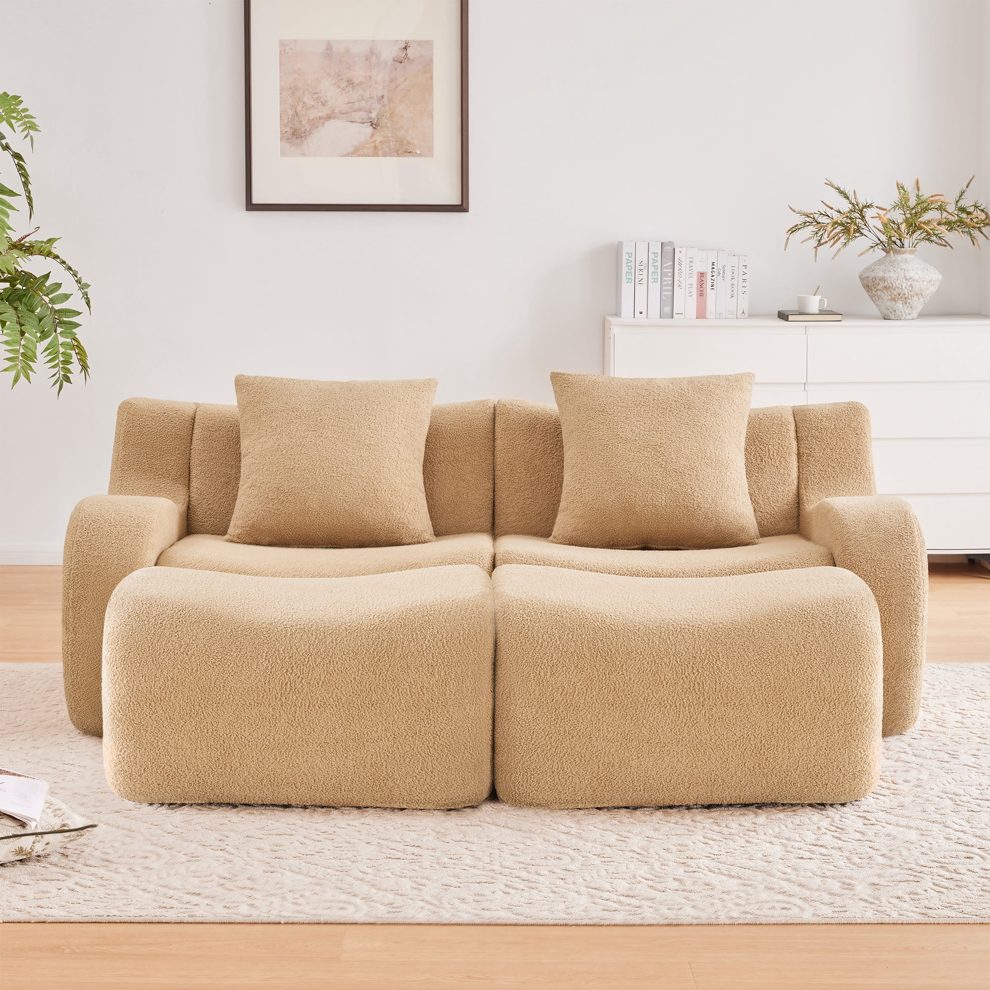 MAYEERTY 82.7" Teddy Fabric L-Shaped Boneless Sofa, Camel 300lbs/seat 32D Foam No Assembly Curved Armrest Couch with Chaise for Living Room Bedroom