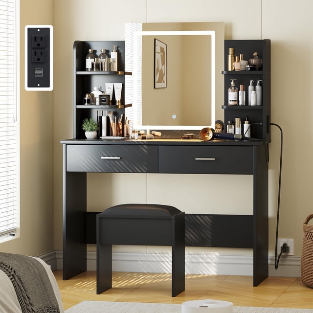 Makeup Vanity Set with 3 Light Modes & Power Outlet | Includes Stool, 2 Drawers & Open Shelves