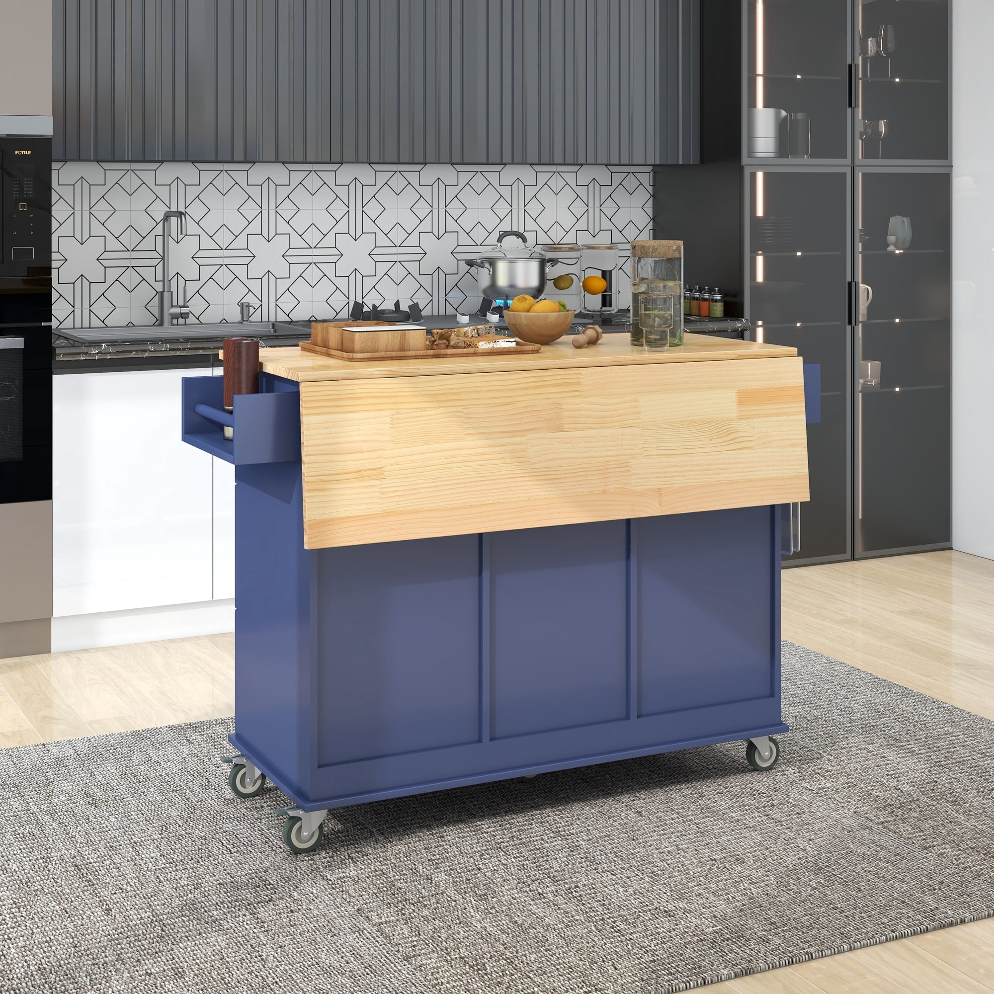 DEALTOPS Rolling Kitchen Islands with Storage Cabinets, Solid Wood Blue, 52.76 in