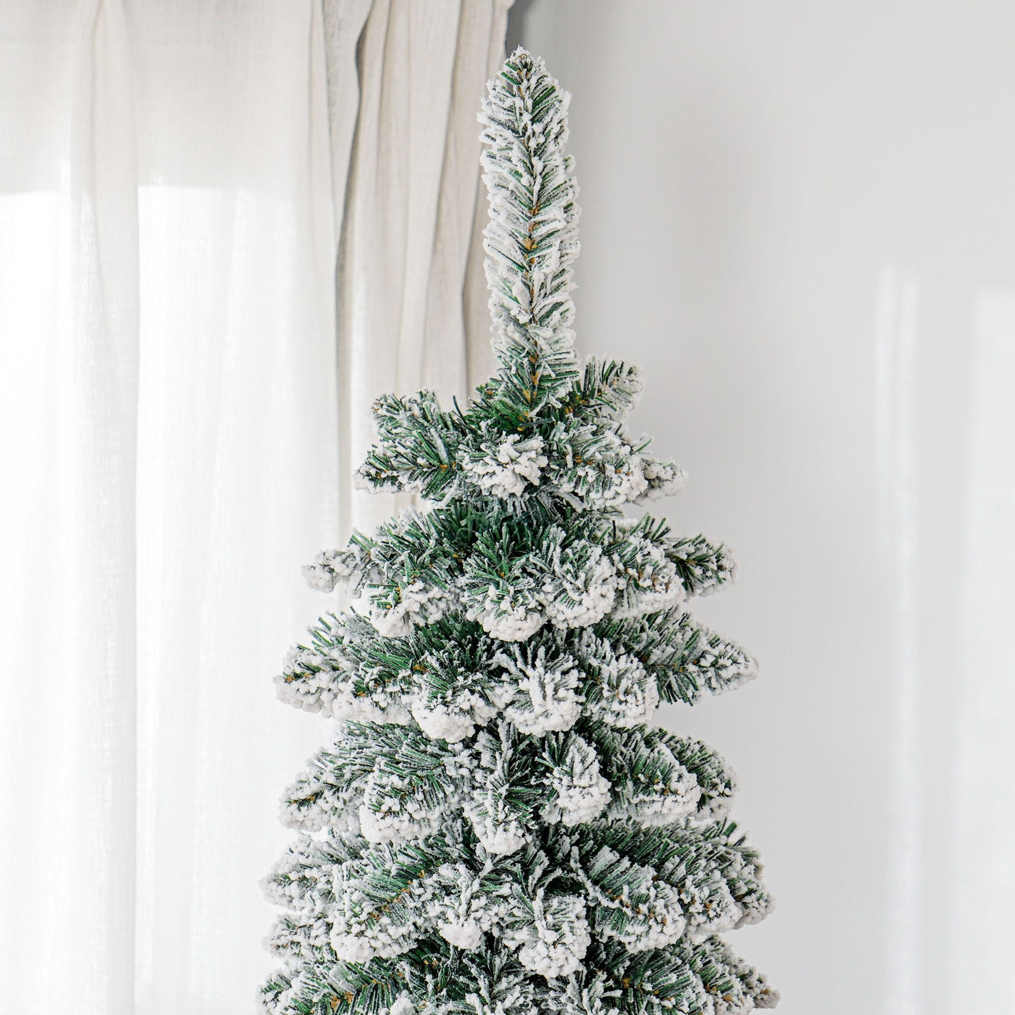 8 ft Unlit Slim Pencil Artificial Christmas Tree, Snow Flocked with 603 Tips, Flame-Retardant, Indoor Holiday Decor for Small Spaces