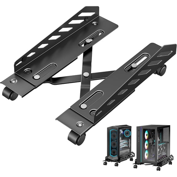 PEGZONE Adjustable PC Stand for Floor, Rolling Computer Tower Stand with Locking Wheels, Ventilated Under Desk CPU Holder Fits 15.75"–20.08" D and 6.3"–11.8" W, Black