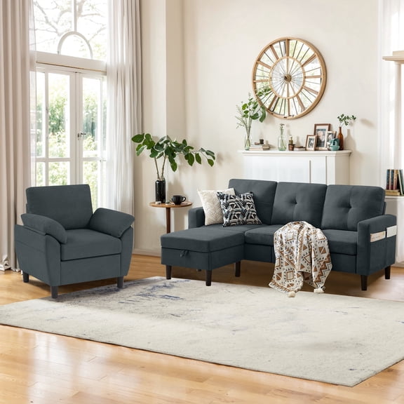 Pingliang Home Living Room Furniture Set,Sectional Sofa with Storage Ottoman and Accent Chair,Modern 3 Seat Couch L Shaped Sofa with Storage Pockets,Modern 4 Seater Set for Living Room Apartment APT