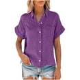 thumbnail image 5 of SHTXOZHI Women Cotton Linen Button Down Shirts Short Sleeve Collared Blouses Work Tops with Pocket, 5 of 7