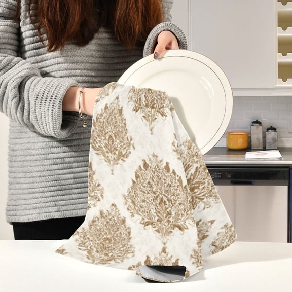 BZSMCE Kitchen Towels Creative Cream Gold Ornate Pattern Durable Kitchen Towel