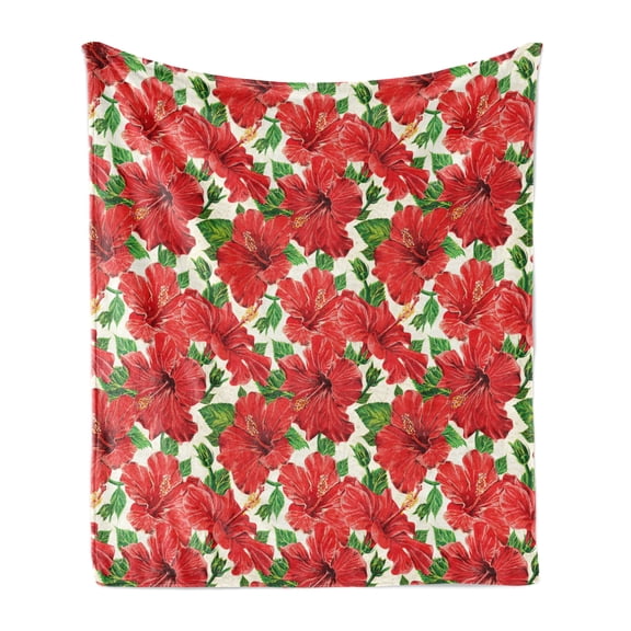 Hawaii Soft Flannel Fleece Blanket, Botanic Inspirations Floral Bouquet Hand Drawn Red Hibiscuses Retro Theme, Cozy Plush for Indoor and Outdoor Use, 60" x 80", Beige Fern Green Red, by Ambesonne