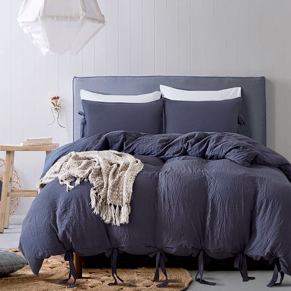 Minimalist Duvet Cover King, Navy Blue Soft Washed Microfiber Duvet Cover Set, 3 Pieces Plain Simple Cotton Duvet Cover Set with Bowknot Bow Tie, 2 Pillow Shams, King, 104"*90"