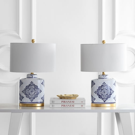 Safavieh Kamdyn Damask 23.75 in. H Table Lamp, Blue/White, Set of 2