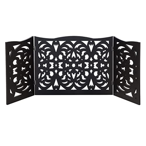 (Open Box) Freestanding Wood Pet Gate 3-Panel Tri Fold Dog Fence - Scroll, Black