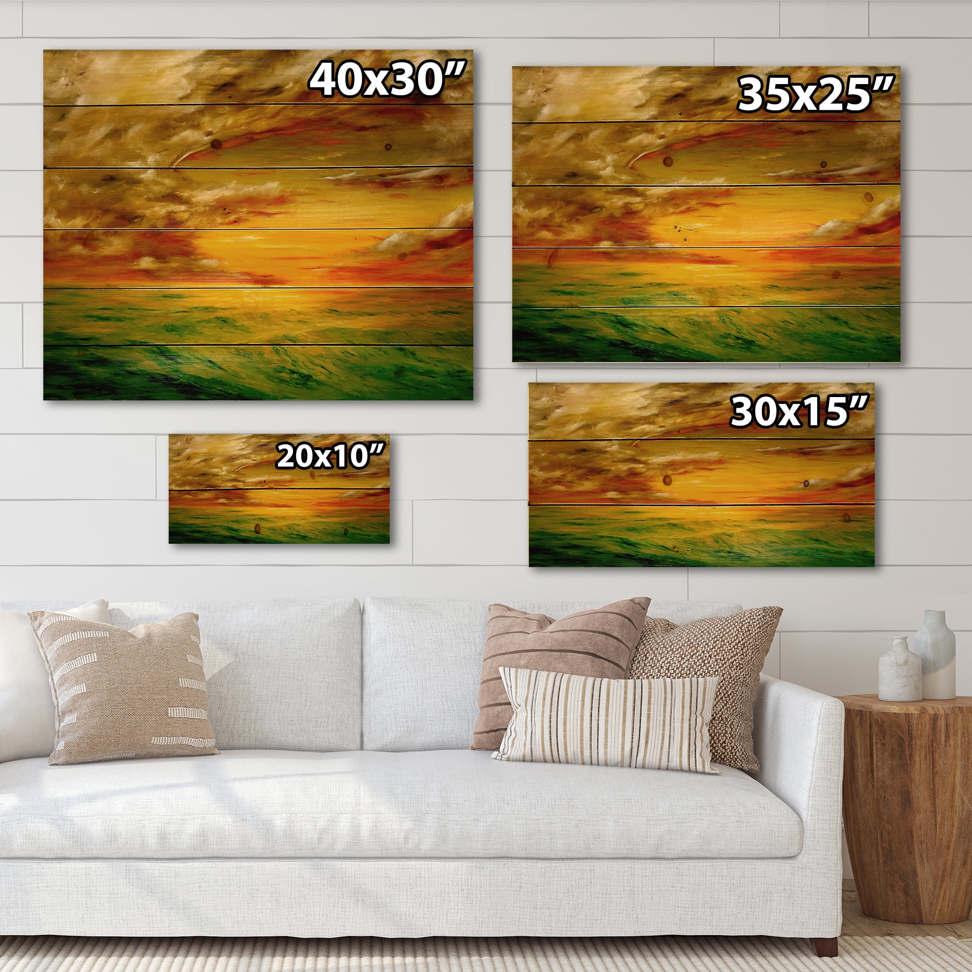 Designart 'Colorful and Bright Sunset At Santa Rosa California' Farmhouse Print on Natural Pine Wood