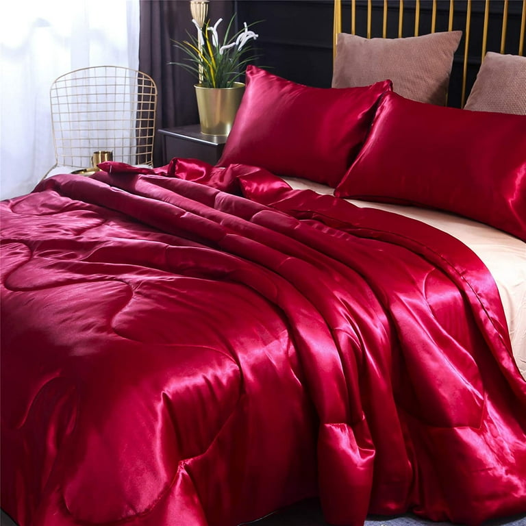 NTBED Elegant Queen Size Comforter Set Satin Wave Quilted Luxury Red Bedding Walmart
