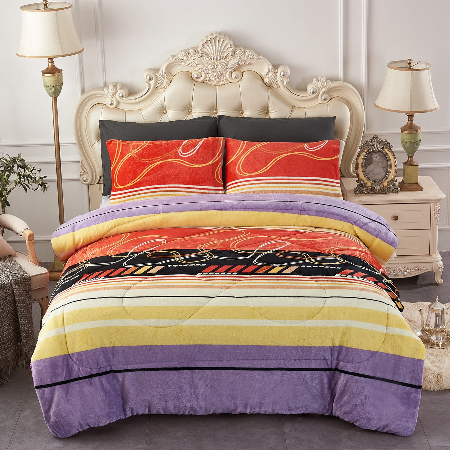 JML Plush Sherpa Bed Blanket, Fluffy & Soft, Reversible, Thick, King 79"x91",Orange Yellow purple