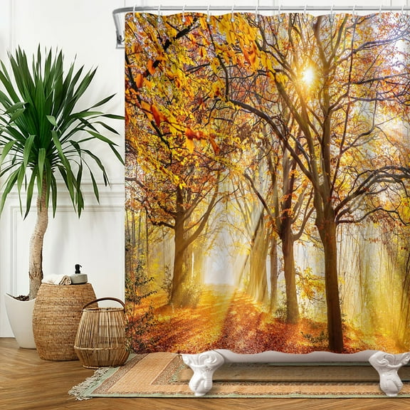 SUNOLIFE Fall Forest Shower Curtain Autumn Tree Landscape Waterproof Fabric Bathroom Curtain 72x72 in