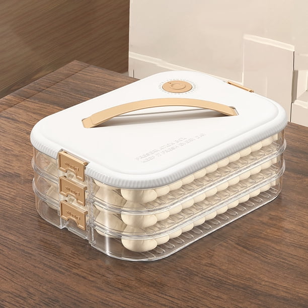 Caja apilable de 4 capas para guardar dumplings con temporizador | Recipiente hermético de plástico apto para alimentos, apto para congelador/refrigerador | 30 x 22,5 x 11 cm, color verde menta/caqui