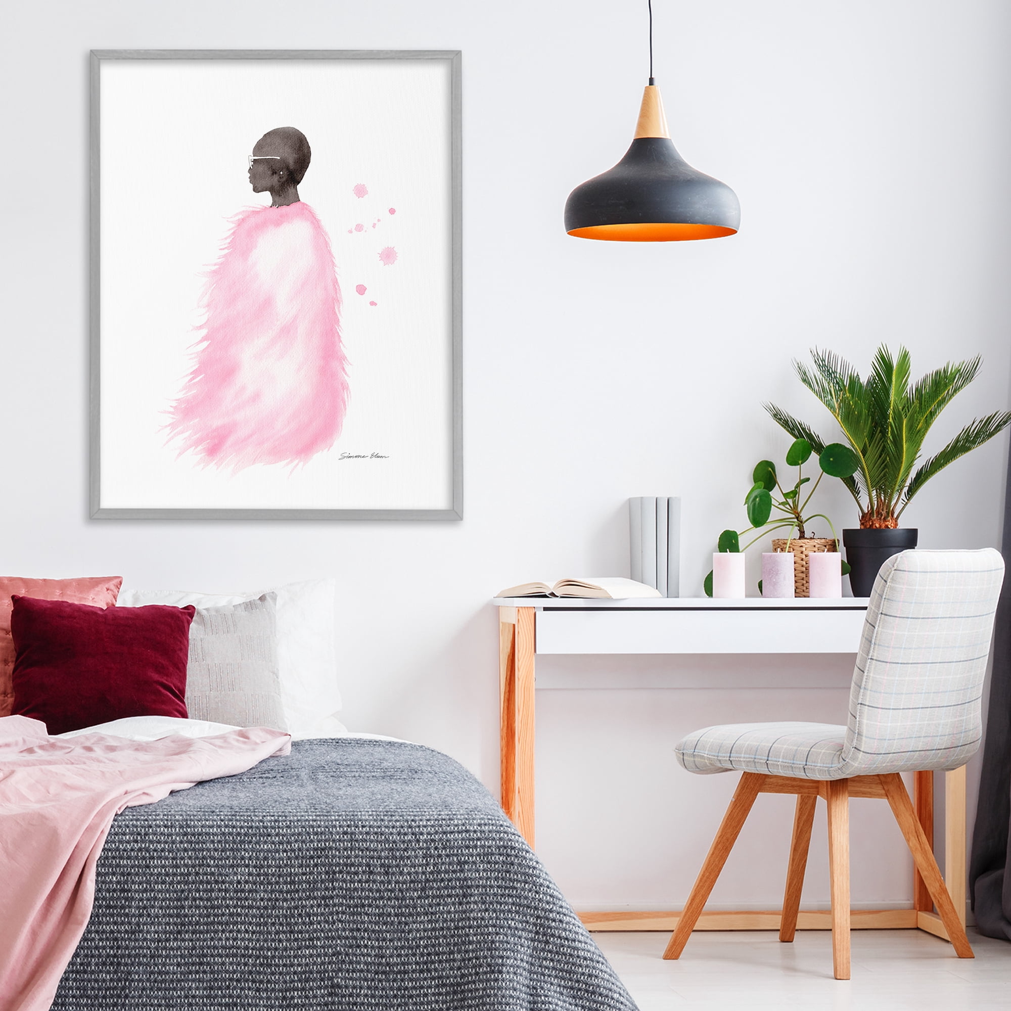 Stupell Industries Pink Fur Coat Portrait Gray Framed Giclee Art, design by Simone Elum