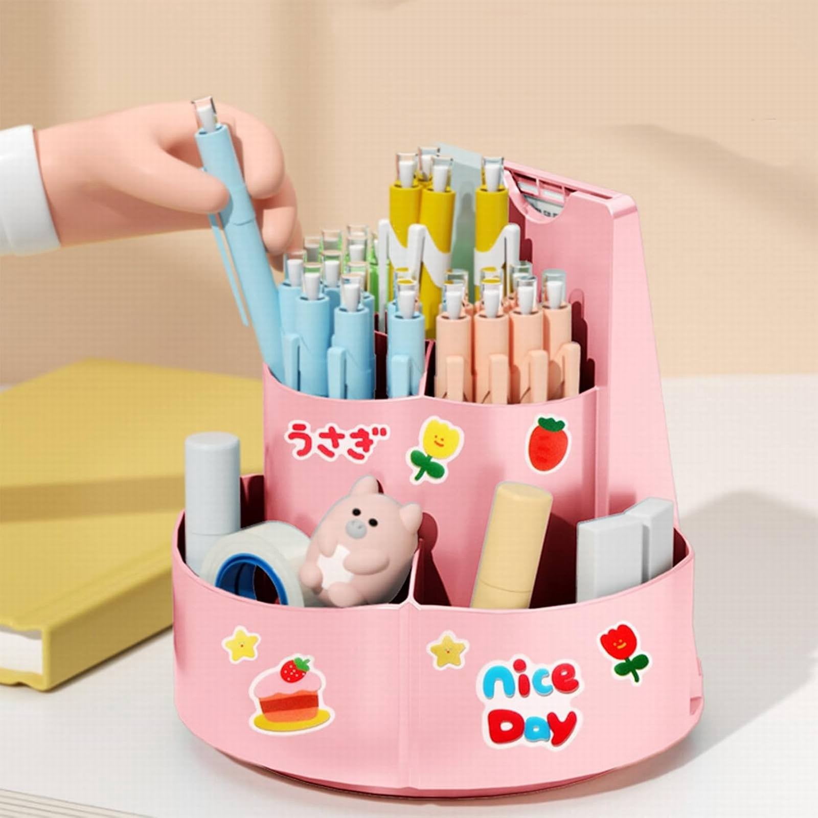 Rotating Desk Organizer with Multiple Compartments - White - Multifunctional 360° Rotating Pen Holder With Daily Schedule To Do List Checklist Board Rotating Pencil Cup With Stickers Cute Pencil Cup