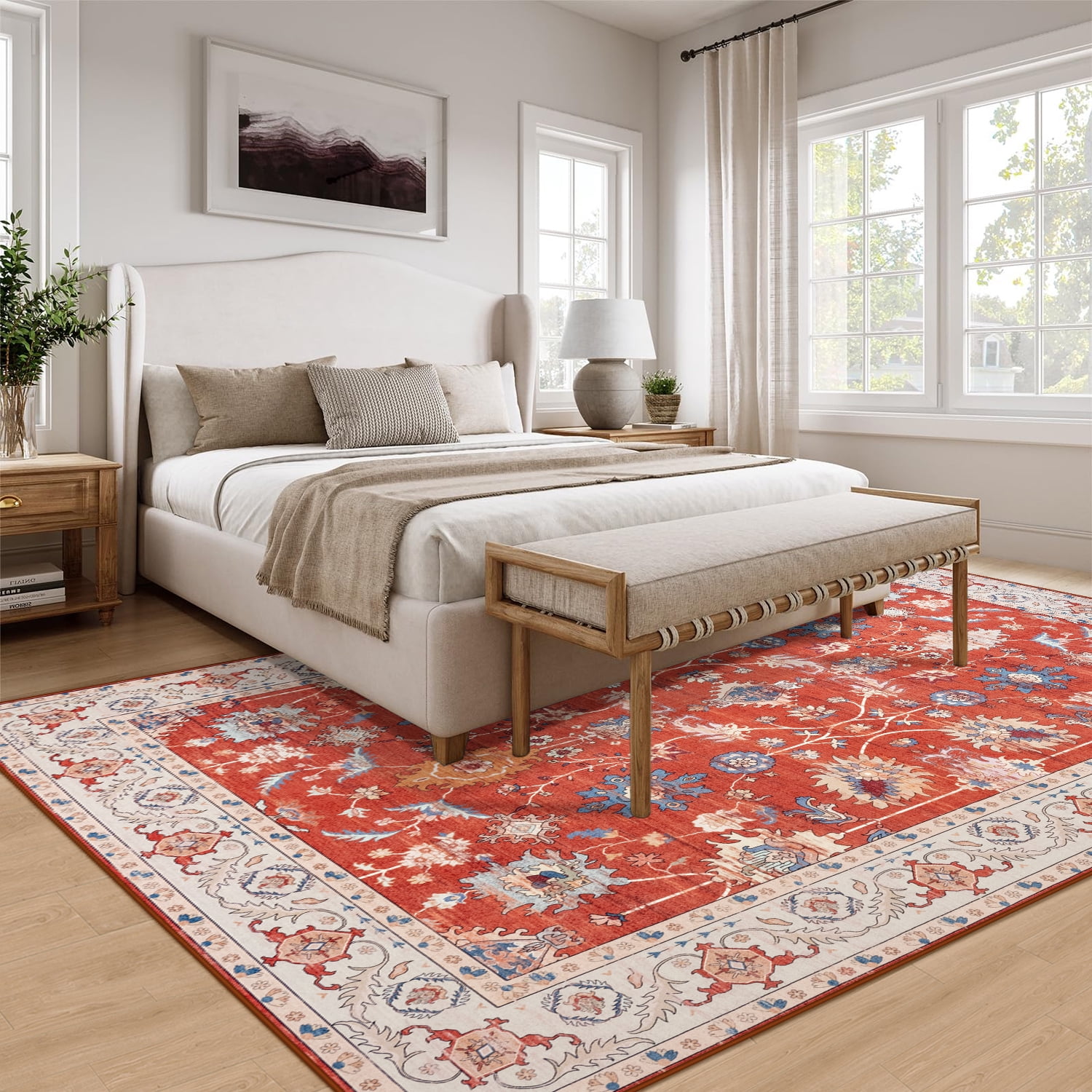 Wondo 8x10 Vintage Bohe Washable Red Area Rug for Living Room, Bedroom, Dining Room, Office, Nursery Anti-slip Easy Care Carpet, Ultra-thin Stain Resistant Indoor Low Pile Carpet