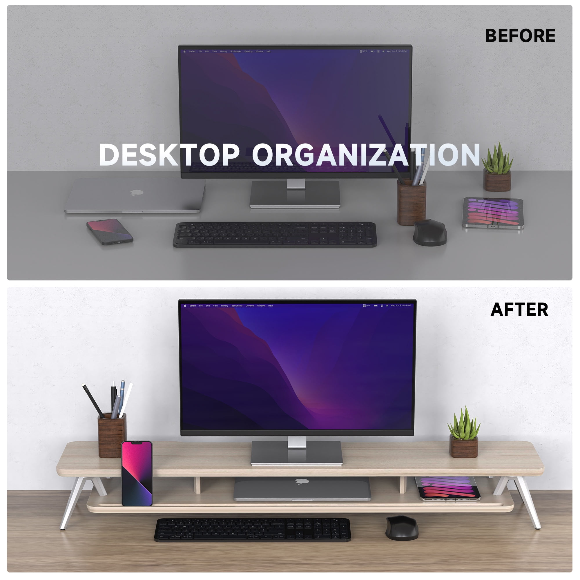 Fenge Dual Monitor Stand, 42.5 Inch Monitor Riser with 12 Color LED Light for Office Desk