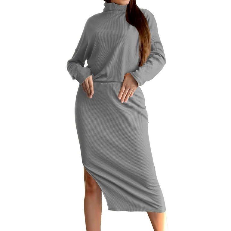 Spring Dresses For Women 2023 Womens Dresses Womens 2 Piece Set Long Sleeve Turtleneck Knitted Ribbed Midi Skirt Set For Autumn Casual Dresses For
