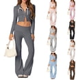 thumbnail image 6 of Douhoow Women Knit 2 Piece Outfits Long Sleeve Zipper Slim Fit Hooded Crop Tops High Waist Long Pants Loungewear, 6 of 9