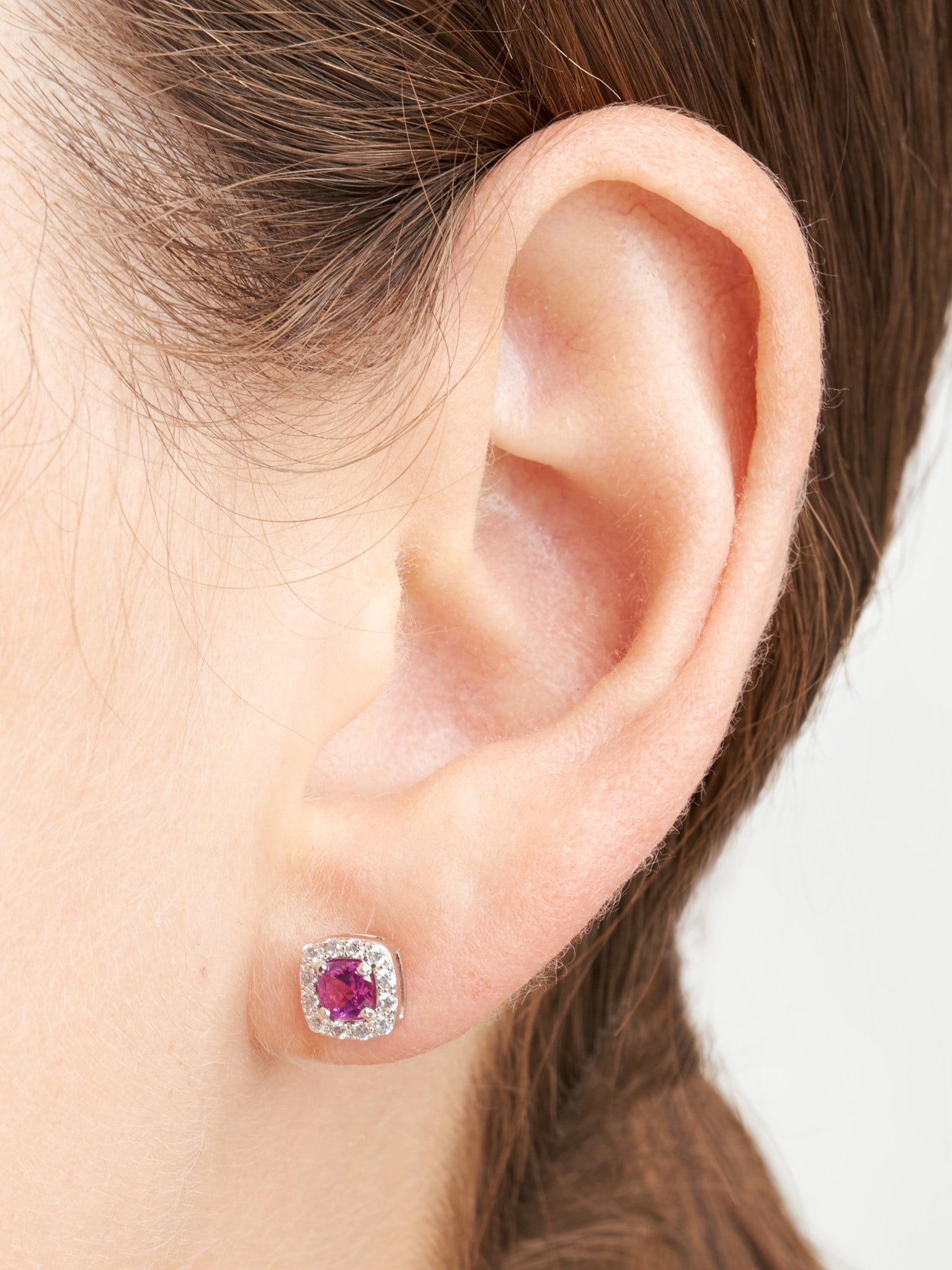 Forever Facets Women's Platinum over Sterling Silver Created Pink Sapphire and CZ Stud Earrings