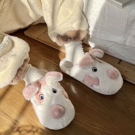 

QWZNDZGR New Pet Pig Cow Plush Slippers for Women Men Winter Warm Furry Cotton Slippers Couples Home Indoor Bedroom Slip On Fur Shoes