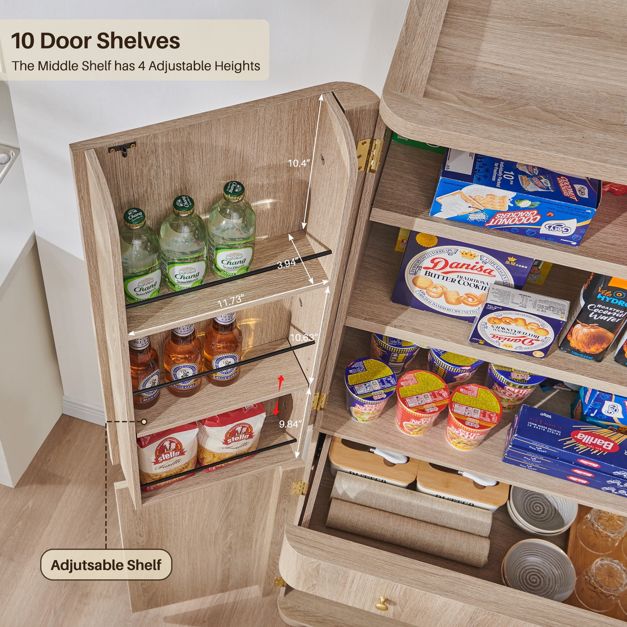 SinCiDo 71" Tall Kitchen Pantry Storage Cabinet, Wooden Curved Cabinet with 4 Doors and 6 Adjustable Shelves, Large Drawer for Kitchen, Dining Room