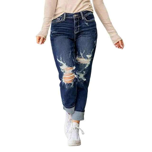 Women'S Ripped Mid Waisted Boyfriend Jeans Loose Fit Distressed Stretchy Denim Pants Dark Blue M