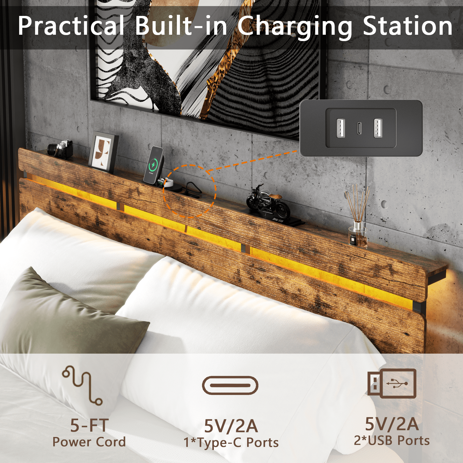 Satifur King Size Bed Frame with 3 Drawers & LED Lights & Charging Station, Beds with Headboard & 10.10" Under Bed Storage, No Box Spring Needed, Easy Assembly, Rustic Brown