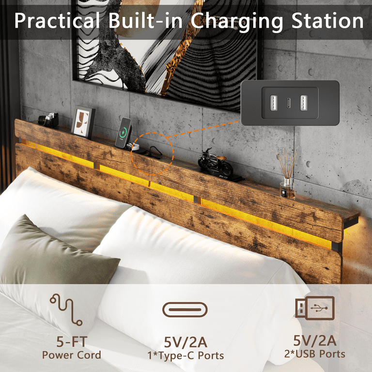 Satifur King Bed Frame with Storage Drawers, LED Lights & Charging photo 8