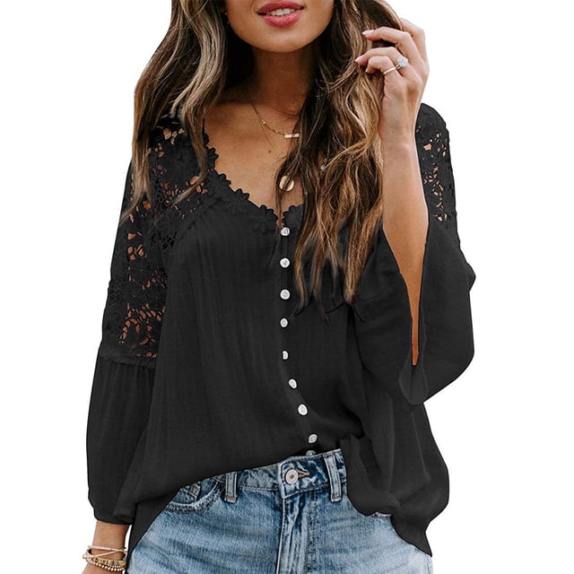 Sonducket Camisa de mujer Blusa de encaje con cuello en V Camisa de color sólido V Botón de manga larga Top Prendas para la parte del cuerpo Negro XXL
