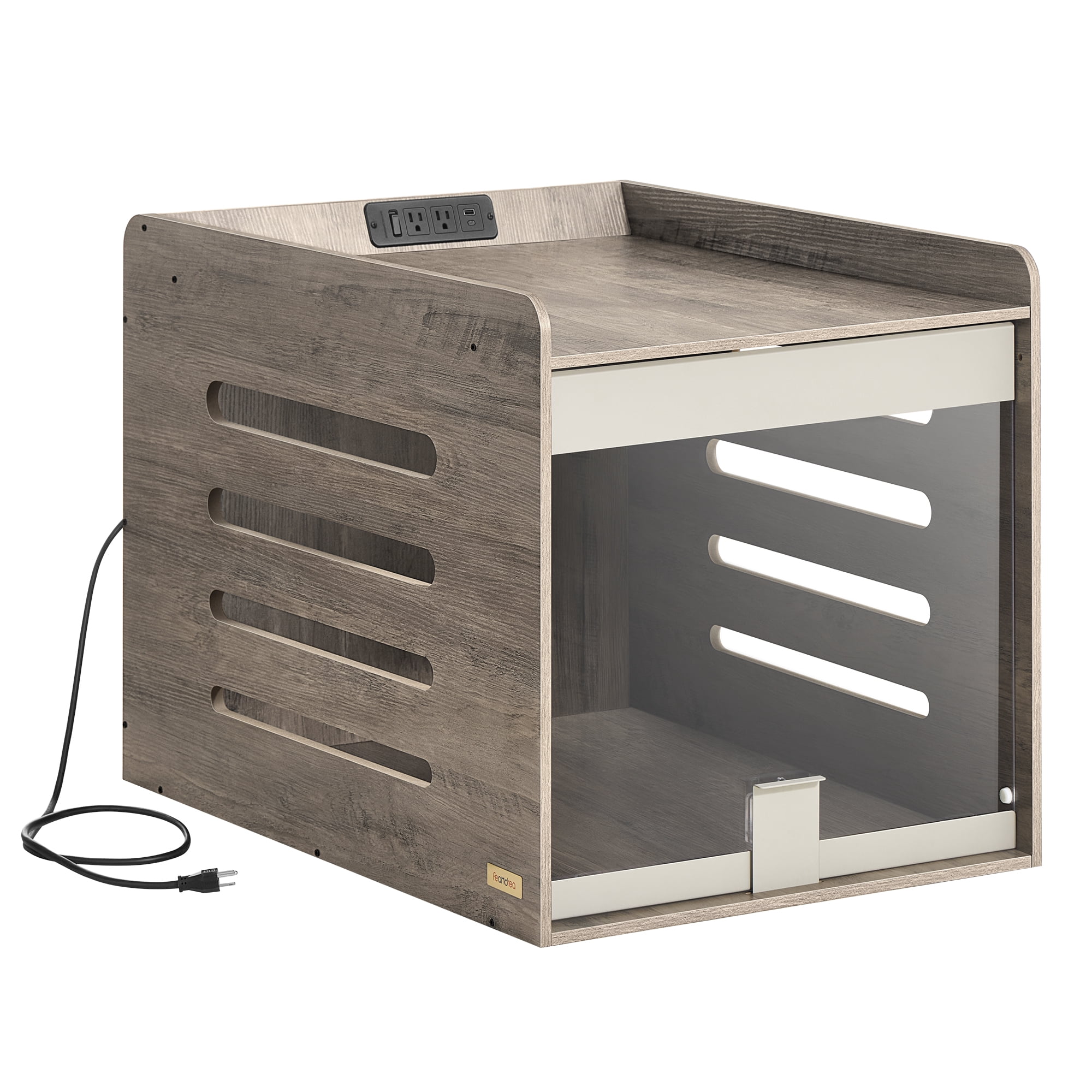 Heather Greige Modern Dog Crate. Has charging station & flip - up acrylic door. Fits small/medium dogs (≤45 lb). Doubles as side end table.