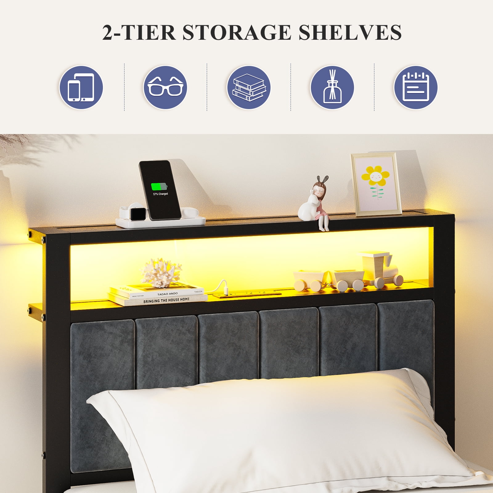 Kbun Twin Bed Frame with LED Lights & Charging Station, Metal Platform Bed Frame with 2-Tier Storage Headboard, Under Bed Storage Space, No Box Spring Needed, Noise Free