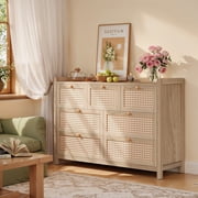 Holliwill 7 Drawer Dresser for Bedroom, Rattan Wide Chest of Drawers, Wood Dresser for Entryway, Living Room, Natural Oak