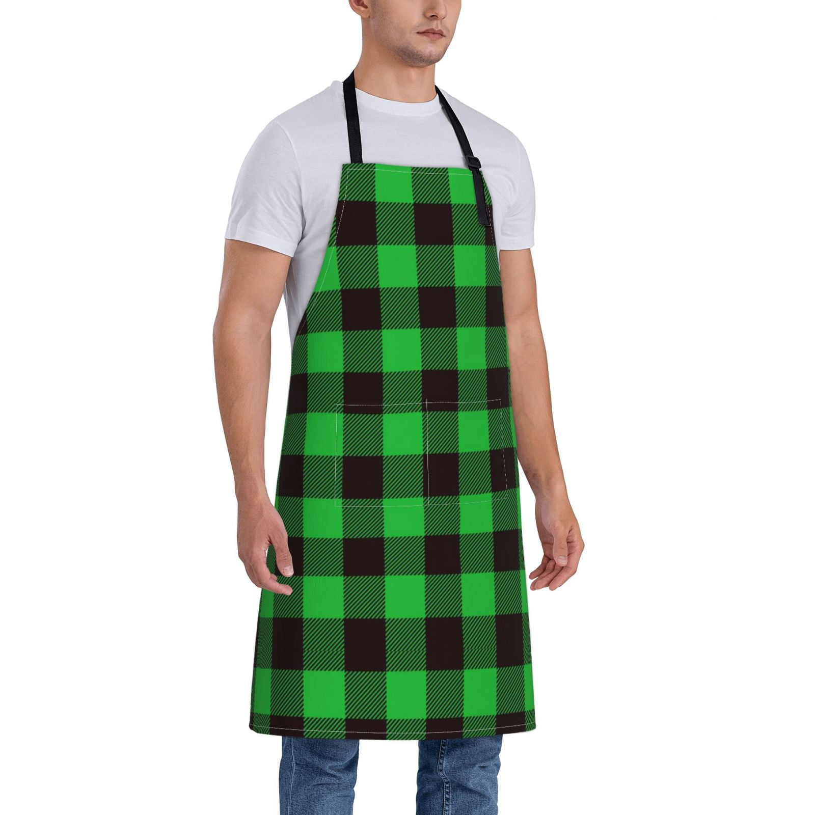 Kdxio Buffalo Plaid Green Black Apron with Pockets Adjustable Kitchen Aprons for Men Women Waterproof Aprons for Cooking,Drawing,Crafting, Baking Household Cleaning