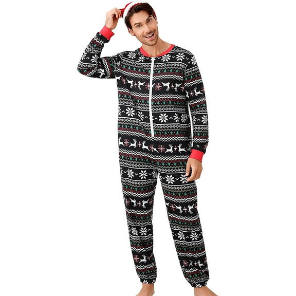Yesfashion Christmas Pajamas for Men Front Zipper Round Neck Jumpsuit Fleece-Lined Matching Jammies