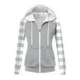 thumbnail image 4 of Htigea Womens Plaid Hoodies Drawstring Hooded Sweatshirts Preppy Full Zip Up Long Sleeve Jackets with Pockets Gray S, 4 of 9