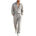 thumbnail image 2 of LEKWK 2 Piece Casual Set for Men Long Sleeve Button Down Shirt and Drawstring Pants Lightweight Breathable Sleepwear Summer Casual Lounge Outfit Gray S, 2 of 6