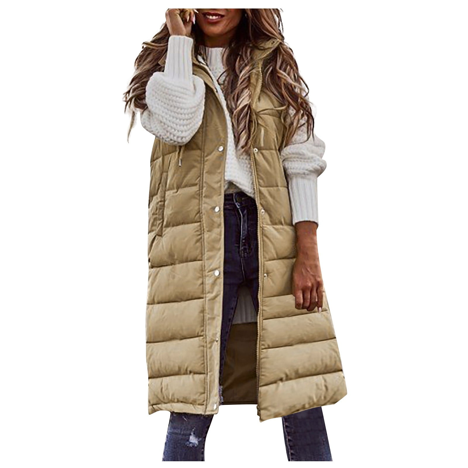 TQWQT Fall Reversible Vests for Women Sleeveless Fleece Jacket Zip Up  Hooded Vest Long Warm Winter Coat Comfy Outerwear Army Green M 