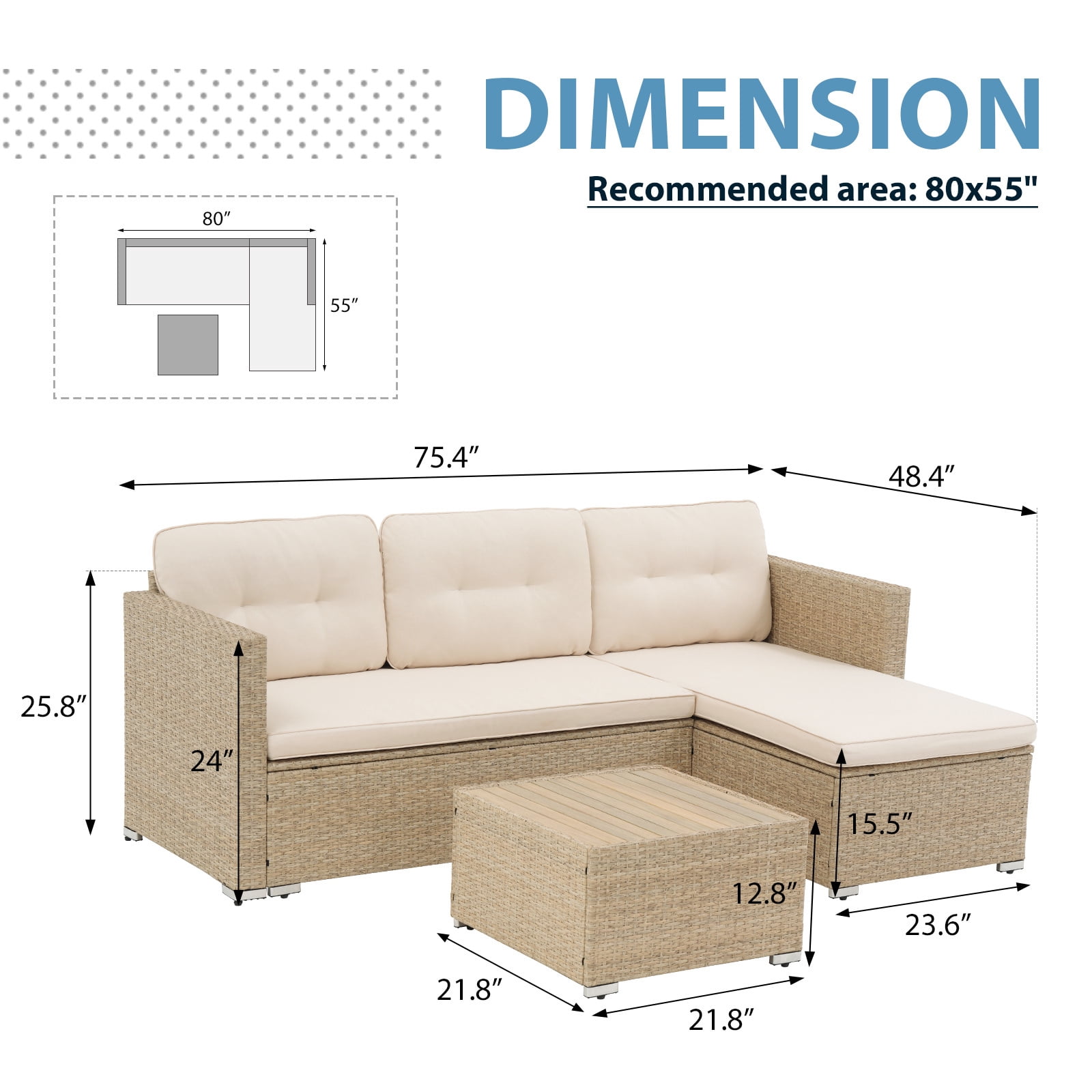 JOIVI 3 Pieces Patio Conversation Set, PE Wicker Rattan Outdoor Furniture Set, 2 Ways Small Sectional Sofa with Cushions, Tempered Glass Coffee Table, Creamy White