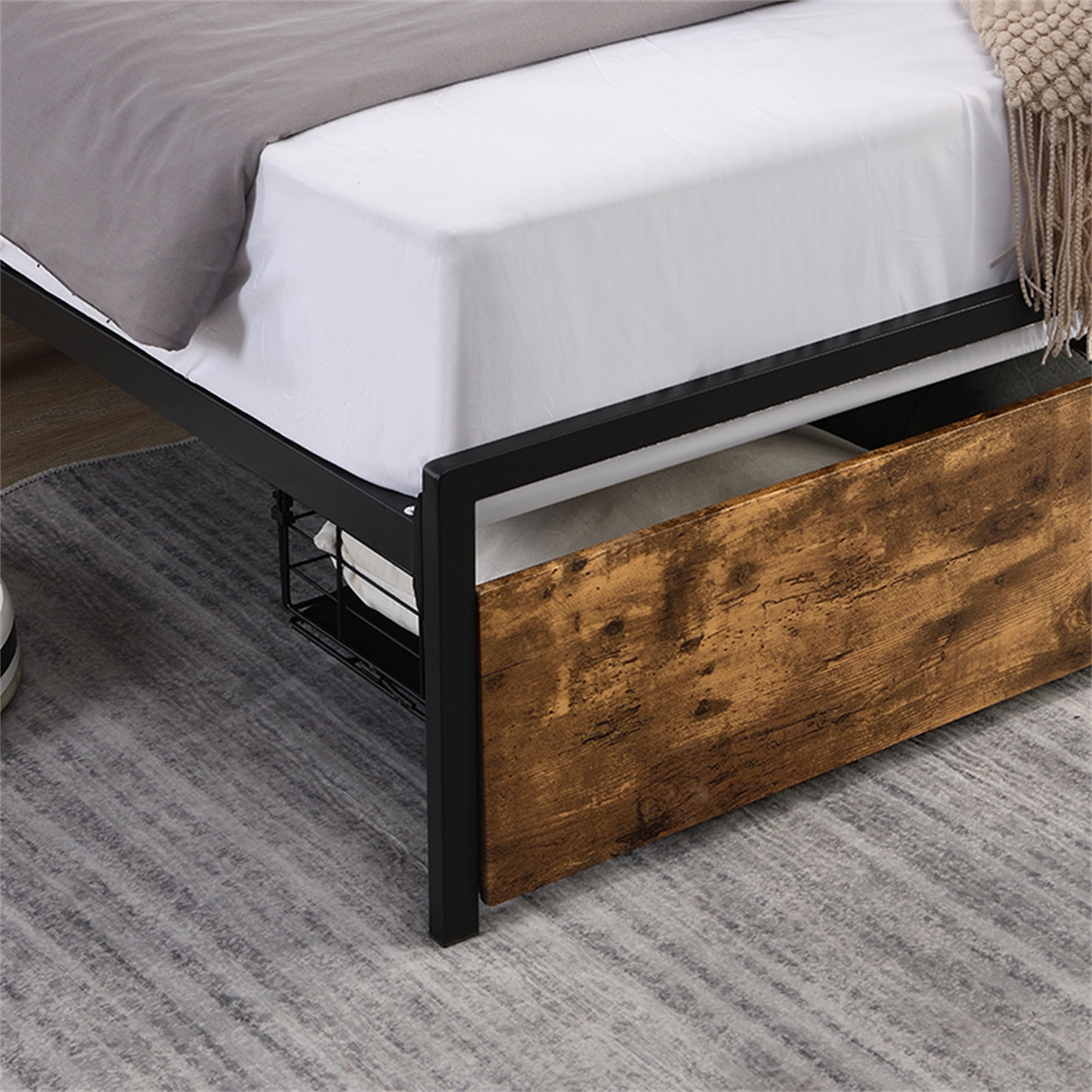 Aukfa Metal Queen Size Bed Frame with USB Ports, 16 Colors LED Lights, 2 Storage Drawers, Brown