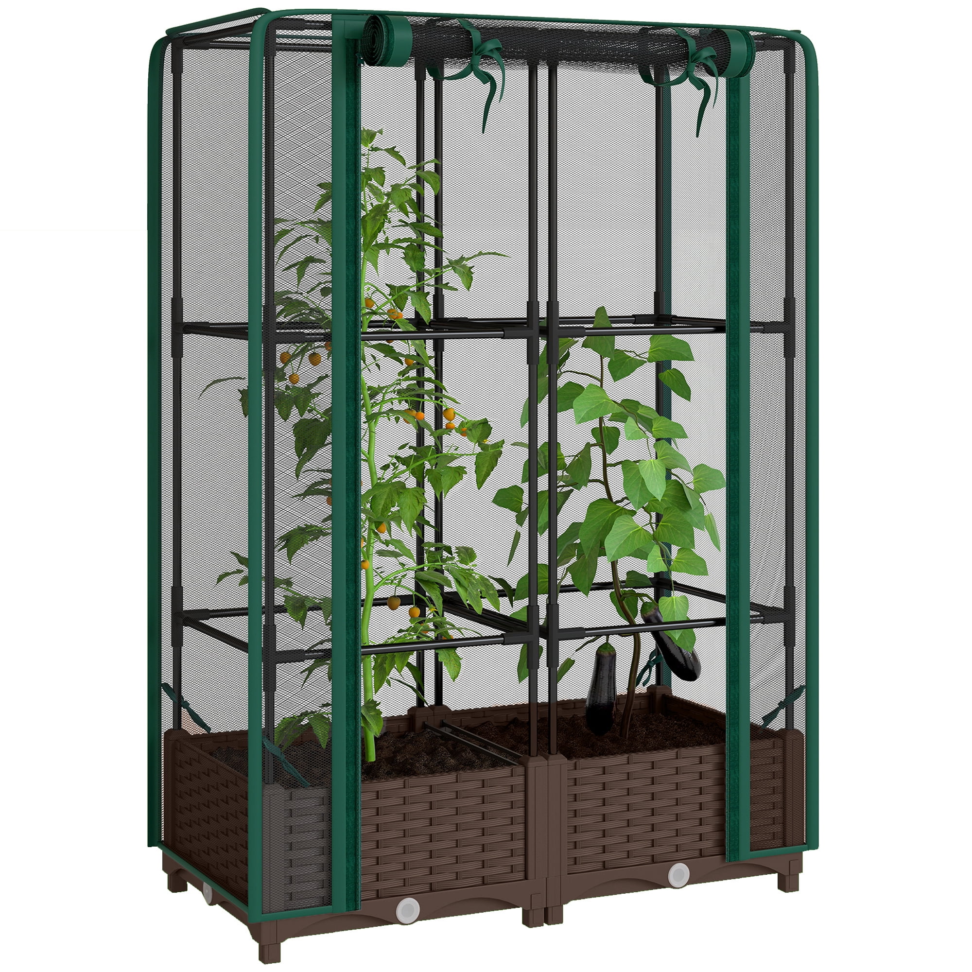 Outsunny Raised Garden Bed with Trellis, 46.5" Tomato Cage with Crop Cage, Self Watering Planter Box with Drainage Holes and Plugs, Green