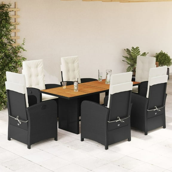 vidaXL 7 Piece Patio Dining Set with Cushions Black Poly Rattan