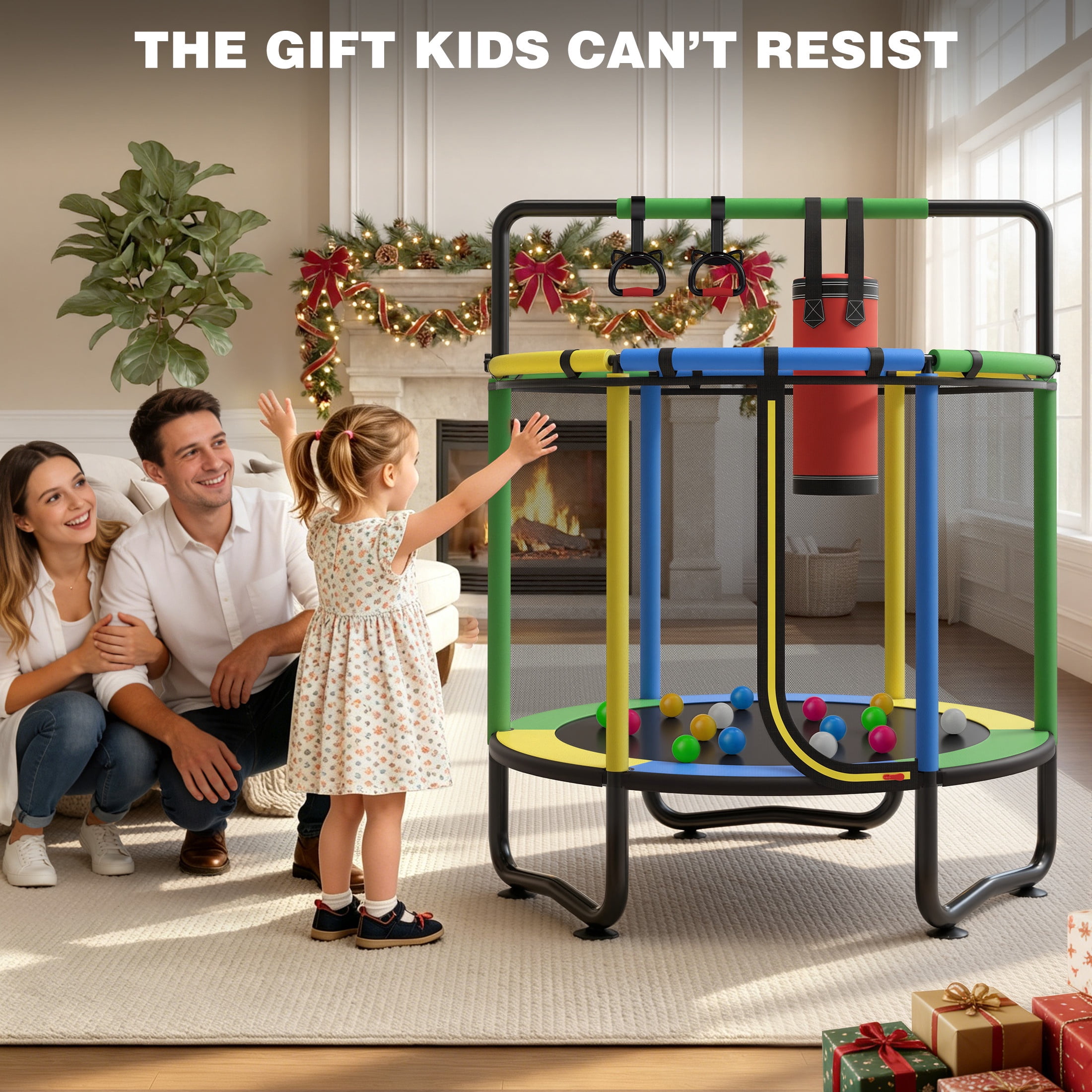 55" Toddler Trampoline, Activity Center with Gym Bar, Punching Bag, Rings, Ball Pit, Kids Trampoline, Indoor Toddler Play Gym, Mini Trampoline for Ages 3–6, 110lbs Weight Capacity, Green