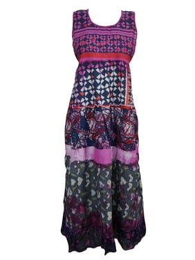 Mogul Women's Summer Cotton Dress Pink Printed Sleeveless Boho Chic Dresses