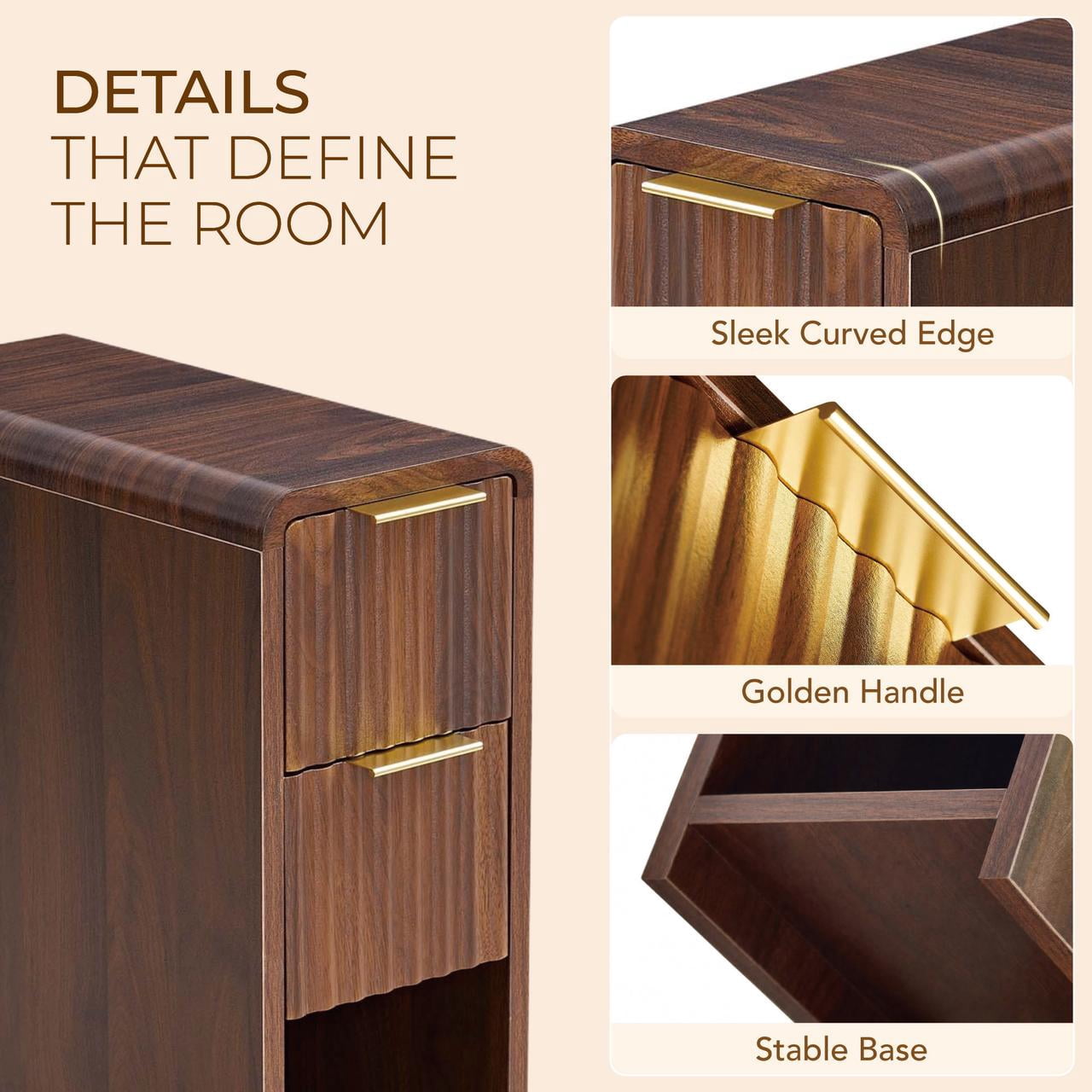 Spruce & Spring Fluted Slim Side Tables Set of 2 with 2 Drawers & Open Shelf for Living Room, End Table for Small Spaces, Walnut