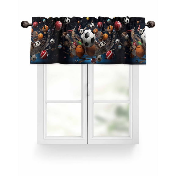 Sports Theme Valances for Windows Football Basketball Baseball Rugby Valance Rod Pocket Light Filtering Short Window Treatments Curtains for Kitchen Bathroom Living Room Bedroom, 42 x 12 Inch
