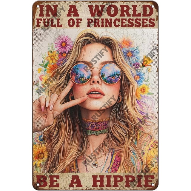 Funny Sign In A World Full Of Princesses Be A Hippie Metal Tin Sign Wall Decor for Kitchen Outdoor Yard Window Fence 12×8 Inch